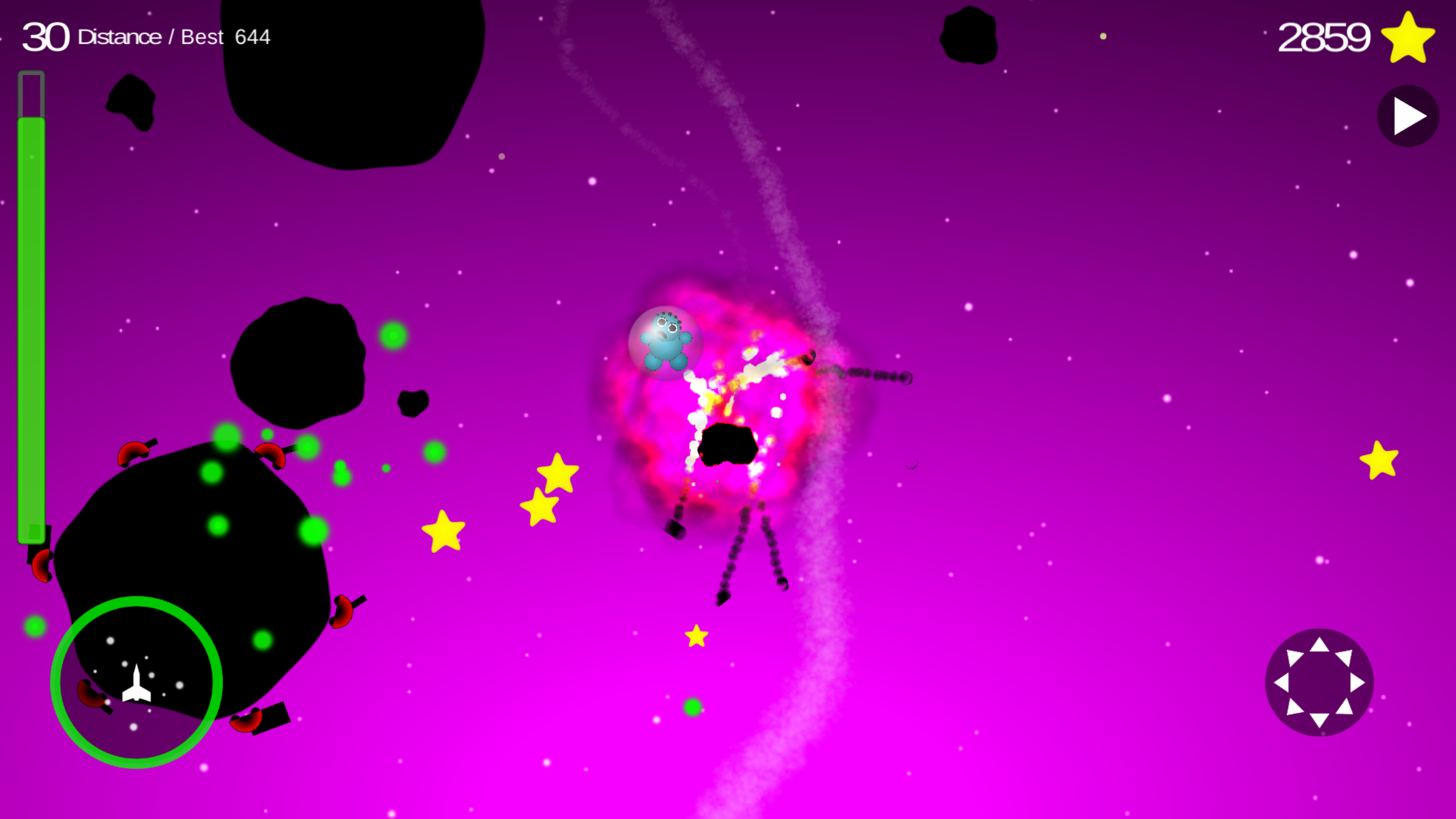 Humanoid ran into an asteroid riding his space rocket against a pink background.